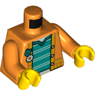 Lego Torso Jacket with Flower and Cat Buttons, Dark Turquoise Undershirt with White Stripes print, Orange Arms, Yellow Hands / Orange