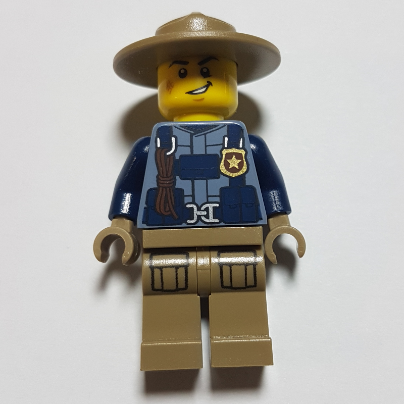 Lego Policeman, Sand Blue Jacket with Badge, Rope, and Straps, Tan Campaign Hat
