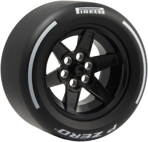 Lego Wheel 56mm D. x 34mm Technic Racing Medium, 6 Pin Holes with Black Tire 81.6mm D. x 44mm Smooth with White 'PIRELLI', 'P ZERO' and Arcs Pattern (15038 / 4410pb03)
