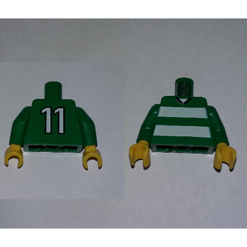Lego Torso Soccer Horizontal White Stripes and '11' Back Print, Green Arms, Yellow Hands / Green