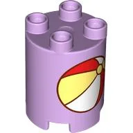 Duplo Brick Round 2 x 2 x 2 with Red/White/Bright Light Yellow Beachball Print / Lavender