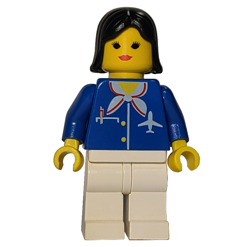 Lego Airline Worker, Woman, Blue Jacket with Plane Logo and White Scarf, White Legs, Black Hair, Red Lips