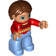 Lego Duplo Figure Bob / Pageboy Hair Reddish Brown, Sweater with Diamond print - Medium Blue Legs / Red