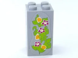 Brick 2 x 2 x 3 with 3 Magenta Flowers, 3 Yellow Gems and Leaves on Light Bluish Gray Background Pattern (Sticker) - Set 41033