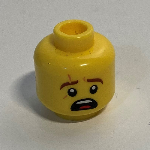 Lego Minifig Head Kai, Reddish Brown Eyebrows with Scar, Scared / HUD with Medium Azure Highlights Print / Yellow