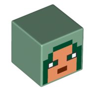 Lego Minifig Head Special, Cube with Pixelated Nougat Face, Dark Green Eyes, Dark Red Lips Print / Sand Green
