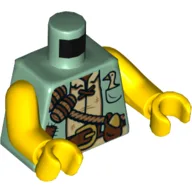 Torso, Vest with Patches, Brown Belt, Sash with Barrels, Goose and Golden Egg in Pockets Print, Yellow Arms and Hands / Sand Green