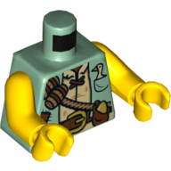 Lego Torso Vest with Patches, Brown Belt, Sash with Barrels, Goose and Golden Egg in Pockets Print, Yellow Arms and Hands / Sand Green