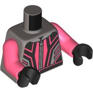 Lego Torso, Racing Suit, Coral/Black/Silver Markings print, Coral Arms, Black Hands / Flat Silver
