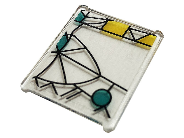 Lego Glass for Window 1 x 3 x 3 Flat Front with Dark Turquoise and Yellow Stained Glass and Black Lattice Pattern (Sticker) - Set 75980