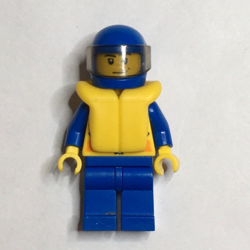 Lego Coast Guard, Yellow Jacket with Zipper, Radio and Badge, Blue Helmet with Visor, Yellow Life Vest, Stubble
