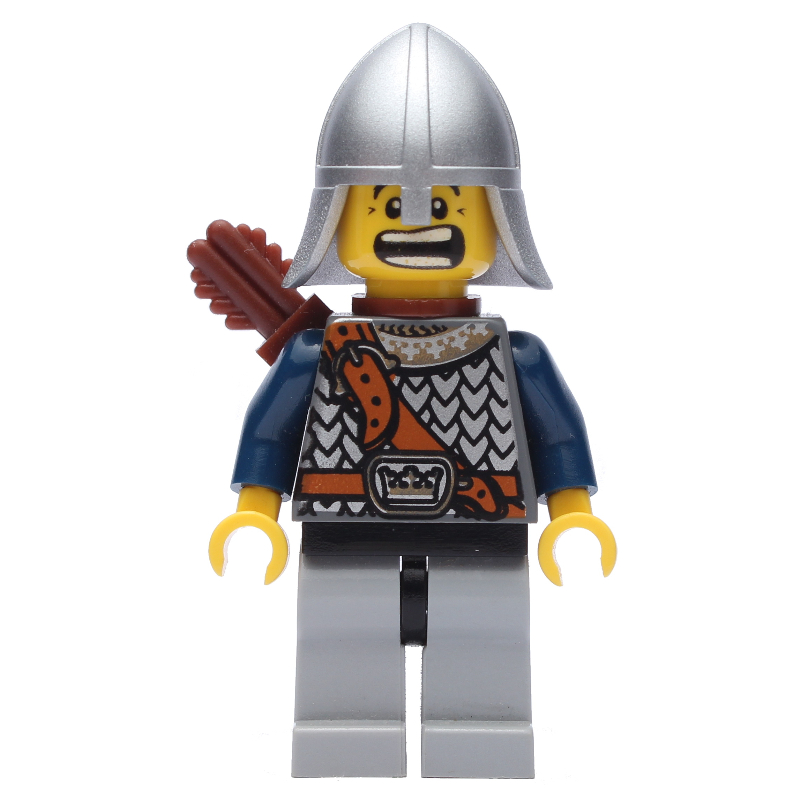 Lego Knight, Archer with Metallic Silver Helmet, Light Bluish Grey Legs, and Quiver