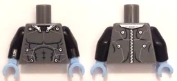 Torso Muscles Outline with Electrodes and Wires, Silver Collar and Zipper on Back Pattern / Black Arms / Bright Light Blue Hands