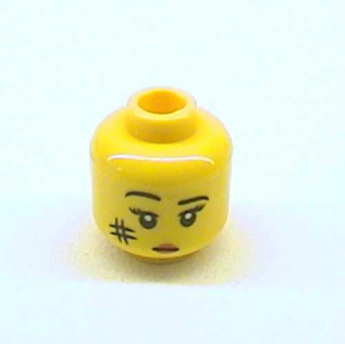 Lego Minifig Head Cavewoman, Eyebrows, Eyelashes, Short Line Mouth with Red Lips, Smudge on Cheek Print / Yellow