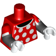 Lego Torso, Dual Molded Arms, Dress Top with White Collar and Polka Dots Front and Back Print, Red Sleeves Pattern, Black Arms, White Hands / Red