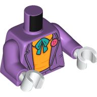 Lego Torso, Jacket, Bright Light Orange Shirt, Dark Turquoise Bowtie, Coral Flower print, Medium Lavender Arms, Black Hands / Medium Lavender
