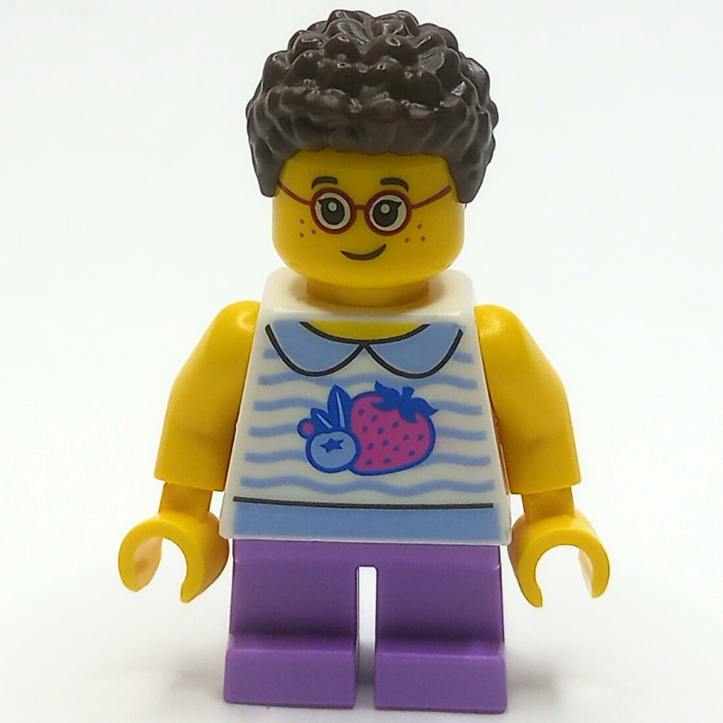 Lego Kid - White Torso, Medium Lavender Legs, Dark Brown Hair
