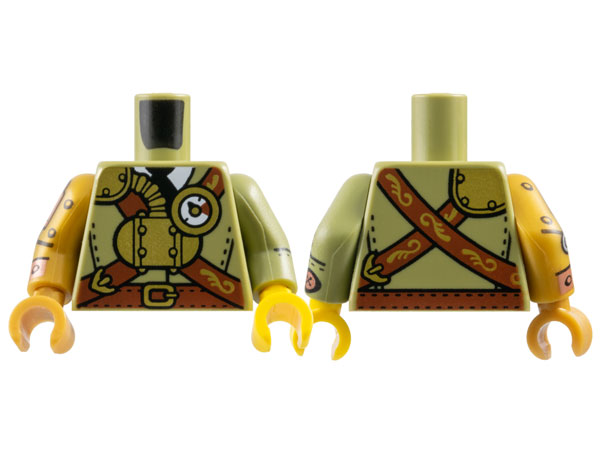 Lego Torso Suit with Reddish Brown Belt and Crossbelt, Gold Steam Tank, Gauge and Buckles over White Shirt with Black Tie Pattern / Olive Green Arm Left with Black Seams and Stitches and Copper Button Pattern / Pearl Gold Arm Right with Copper and Silver Mechanical Joint Pattern / Yellow Hand Left / Pearl Gold Hand Right