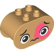 Duplo Brick 2 x 4 x 2 Rounded Ends with Sad Face, Dark Pink Markings Print / Warm Tan