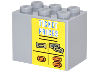 Lego Container, Cupboard 2 x 3 x 2 - Solid Studs with 'TICKET PRICES', Money and Orange Tickets Pattern (Sticker) - Set 10244