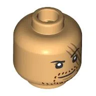Minifig Head Shanks, Dark Red Stubbled Beard, Large Scar, Raised Eyebrow Smirk / Angry / Warm Tan