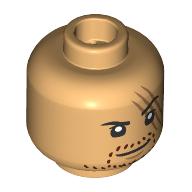 Lego Minifig Head Shanks, Dark Red Stubbled Beard, Large Scar, Raised Eyebrow Smirk / Angry / Warm Tan