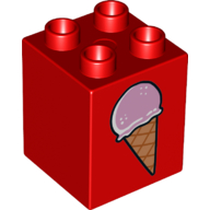 Lego Duplo Brick 2 x 2 x 2 with Ice Cream Cone on 2 sides, Normal/Dropped Print / Red