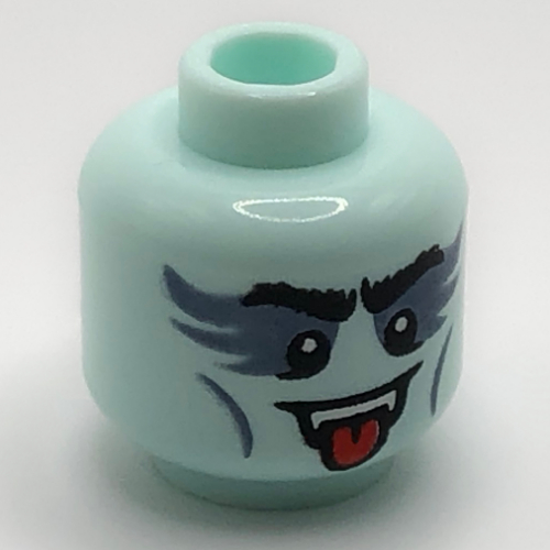 Lego Minifig Head Vampire Guitarist, Open Mouth, Tongue, Fangs, Sand Blue Eye Shadow print / Light Aqua