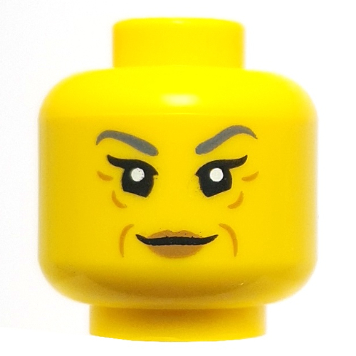 Lego Minifig Head Mystake, Dark Bluish Grey Eyebrows, Nougat Wrinkles, Lips, Smile / Yellow