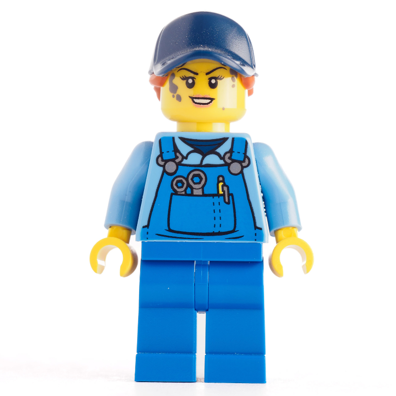 Lego Mechanic, Medium Blue Torso, Blue Overall, Blu Cap with Hair