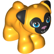 Lego Animal, Dog, Pug - Standing with Blue Eyes, Black Face and Ears, and Pink Nose Print / Bright Light Orange