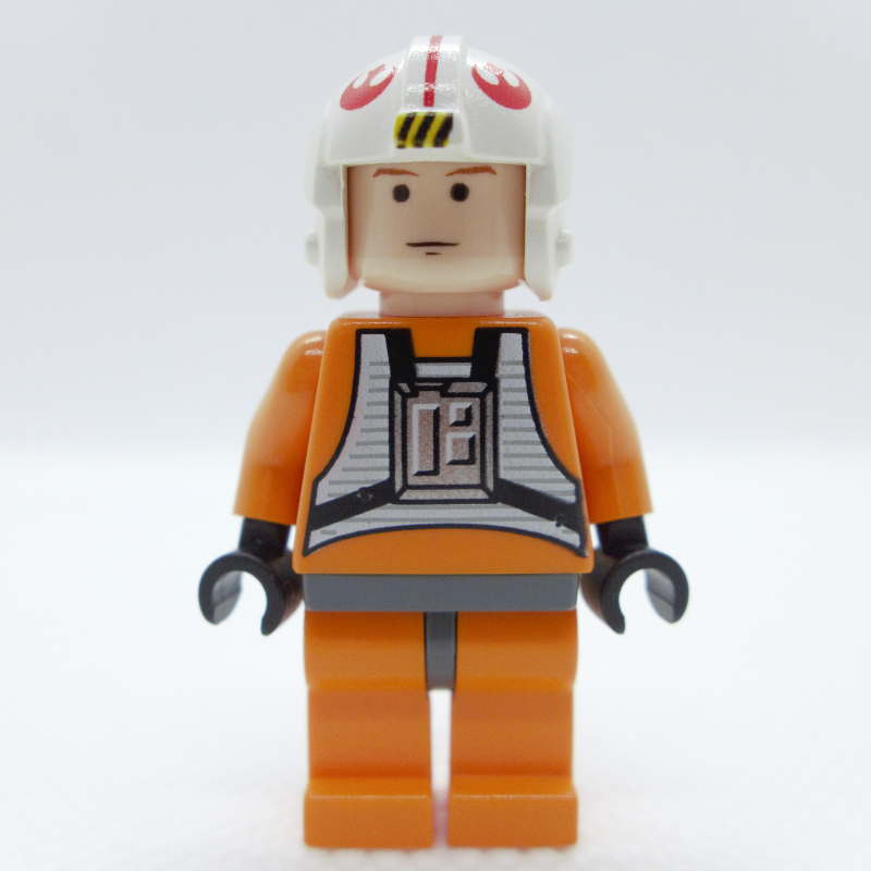 Lego Luke Skywalker, Orange Rebel Pilot Outfit, Dark Bluish Gray Hips, Black Eyes