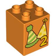 Lego Duplo Brick 2 x 2 x 2 with '2', Party Hats print / Orange