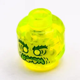 Minifig Head Ghost, Yellowish Green Face, Bushy Eyebrows, Angry, Flames in Back / Trans-Neon Green