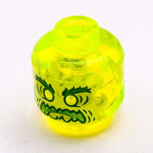 Lego Minifig Head Ghost, Yellowish Green Face, Bushy Eyebrows, Angry, Flames in Back / Trans-Neon Green