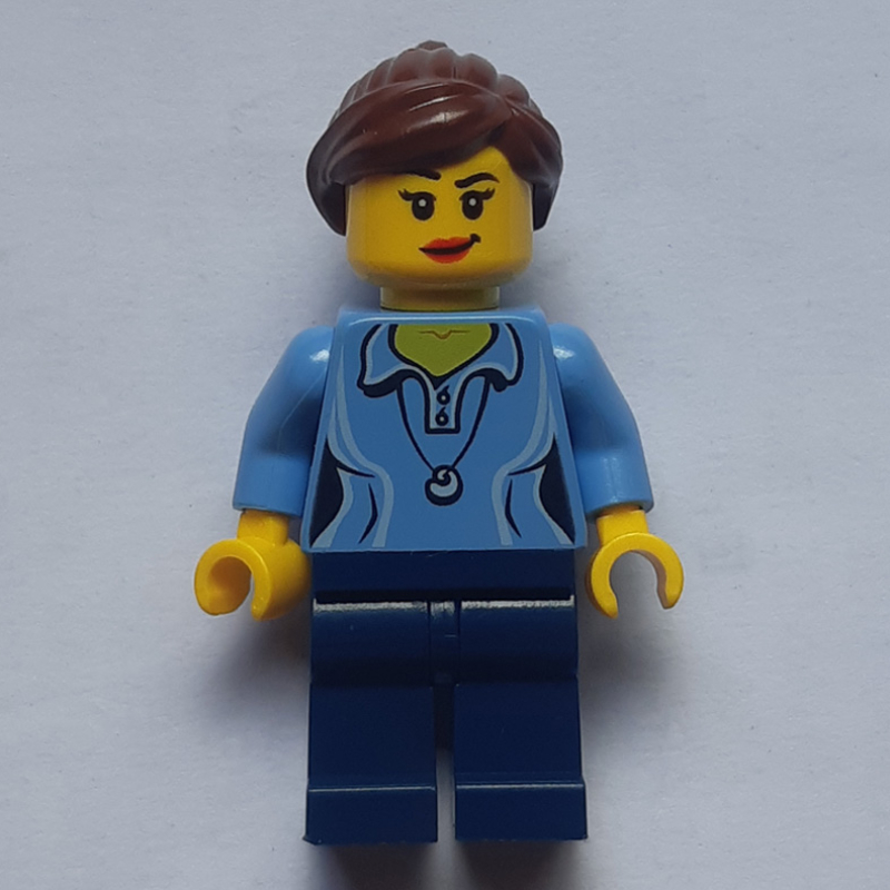 Lego Woman, Medium Blue Polo Shirt with Necklace, Dark Blue Legs, Reddish Brown Ponytail