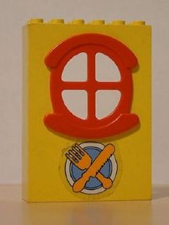 Lego Fabuland Building Wall 2 x 6 x 7 with Round Symmetric Red Window with Knife, Fork and Plate Pattern (Sticker) - Set 3672