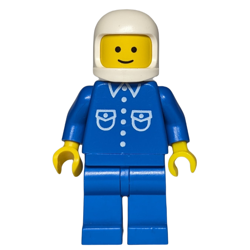 Lego Man, Blue Shirt with Buttons and Pockets, Blue Legs, White Helmet