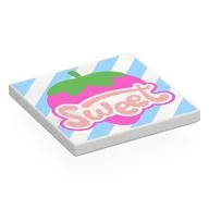 Tile 4 x 4 with Warm Pink 'SWEET', Strawberry, Bright Light Blue Stripes Print
