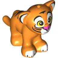 Animal, Big Cat Cub with Black Stripes, White Ears, Paws, Face, Bright Light Yellow Eyes, Dark Pink Nose Print / Orange