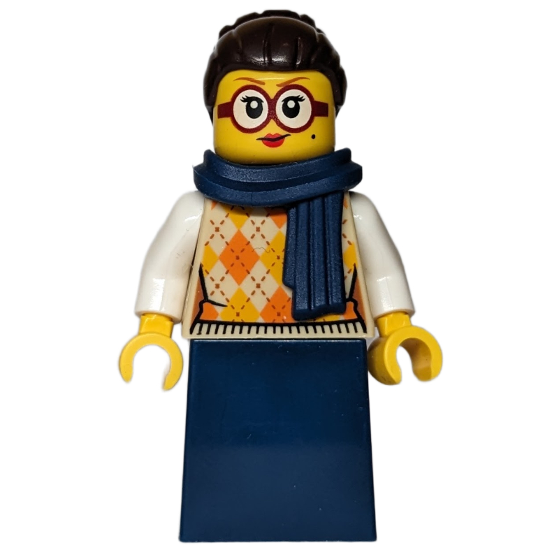 Lego Woman, Tan Torso, Dark Blue Dress, Dark Brown Hair, Dark Blue Scarf