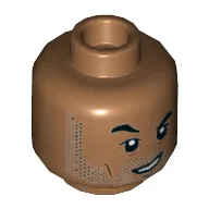 Minifig Head Simon Masrani, Eyebrows, Stubble Beard, Scared / Crooked Grin, Eyebrow Raised Print / Medium Nougat