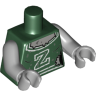 Lego Torso Cheerleader Uniform with White 'Z' and Trim, Mud Splotches and Gray Skin Print, Light Bluish Gray Arms and Hands / Dark Green