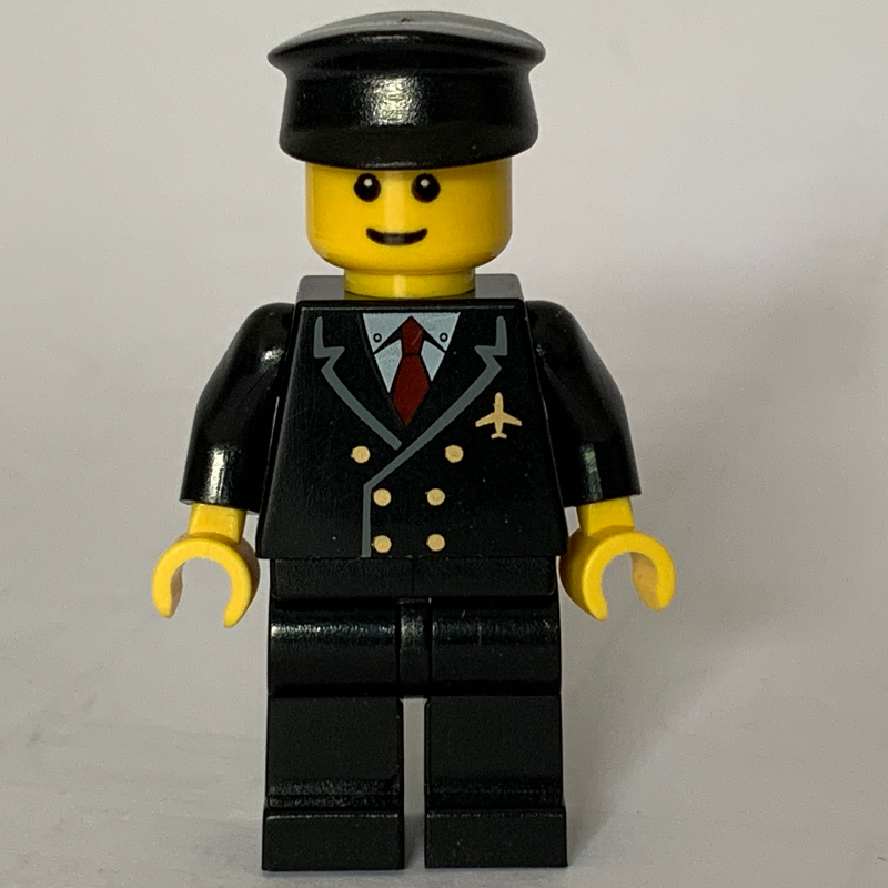 Lego Pilot, Black Suit with Tie and Airplane Badge, Black Hat, Brown Eyebrows