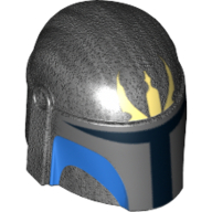 Lego Helmet Mandalorian with Holes, Blue Markings and Light Lime Trident Print / Pearl Titanium