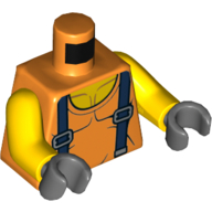 Lego Torso Vest, Top of Bare Chest, Blue Suspenders Print, Yellow Arms, Dark Bluish Gray Hands / Orange