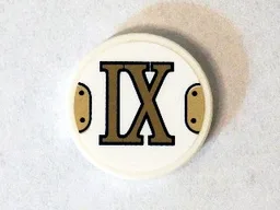 Tile, Round 2 x 2 with Bottom Stud Holder with Gold Roman Numeral 9 'IX' Pattern (Sticker) - Set 75904