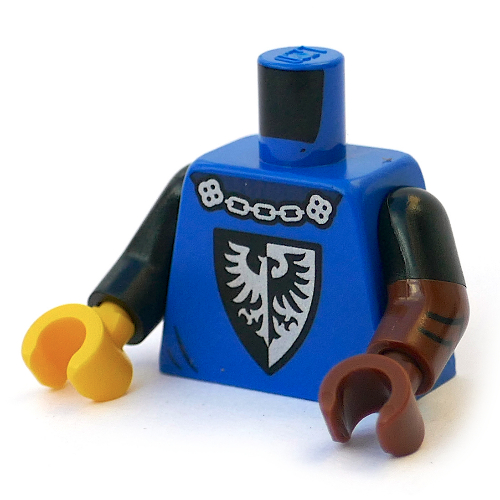 Lego Torso, Odd Dual Molded Arms, Black Falcon Symbol print, Left Black Sleeve Pattern, Reddish Brown Arm and Hand, Right Black Arm, Yellow Hand / Blue