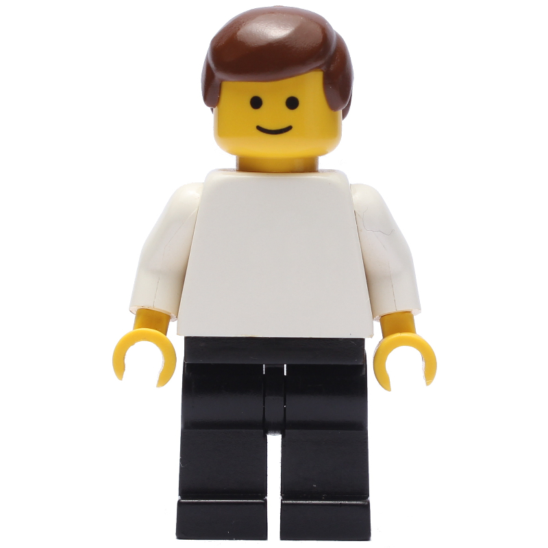 Lego Man - White Torso, Black Legs Brown Hair