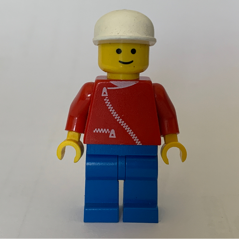 Lego Man, Red Jacket with Zipper, Blue Legs, White Cap